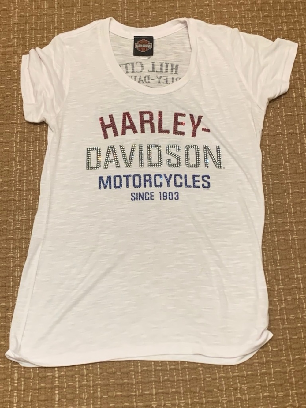 Harley-Davidson White Women's Short Sleeve Tee with Red & Blue Rhinestone Logo